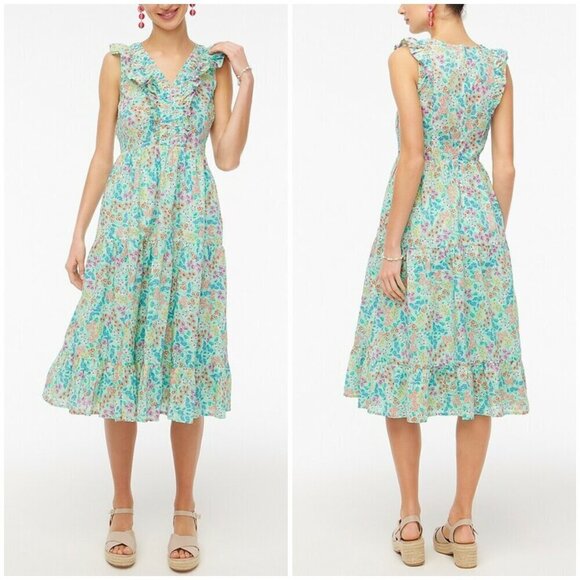 💕J. CREW💕 Printed V-Neck Smocked Midi Dress ~ Fresh Spearmint Floral Print 8 - Picture 1 of 16